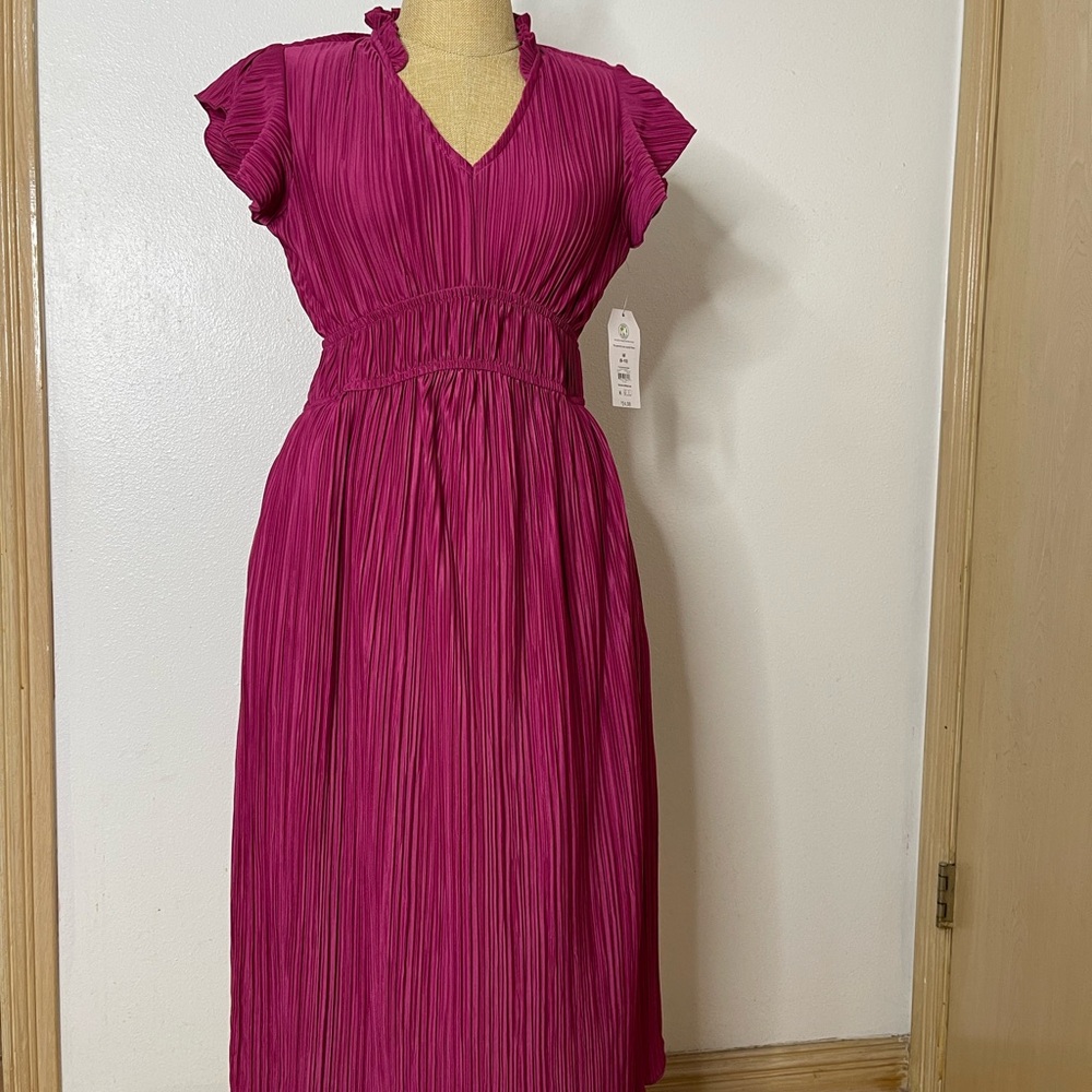 Time and Tru Magenta Pleated V-Neck Midi Dress